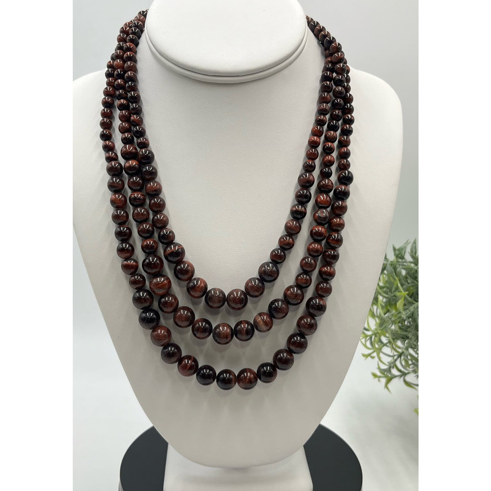 Red Tigers Eye Triple Strand Layered Sterling Silver Necklace‎ New